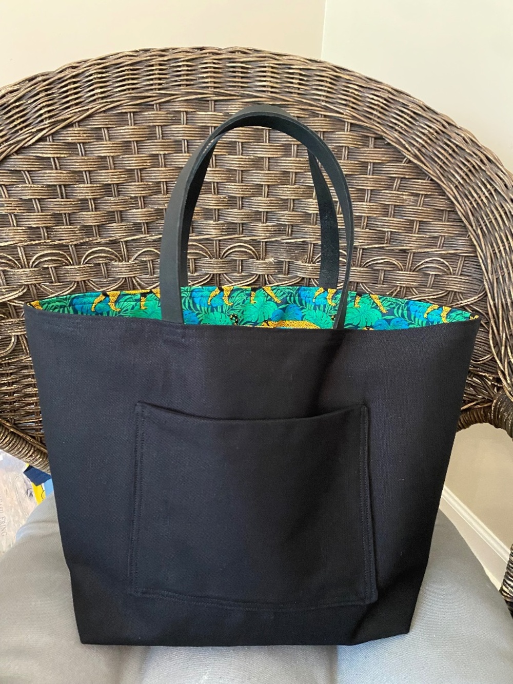 Handmade New Reversible Tote W/Leather Handles and External Pocket